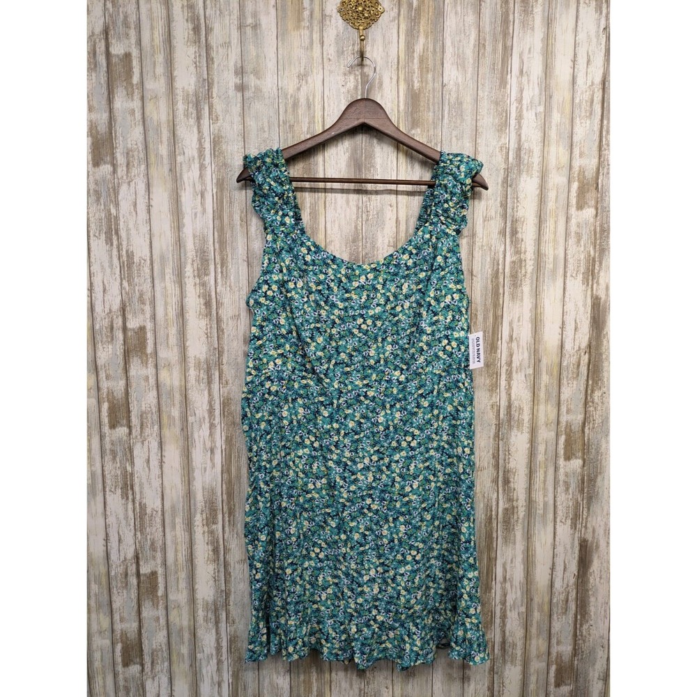 Old Navy Green Floral Shirred Strap Fit Flare Sleeveless Dress Women's XL NWT